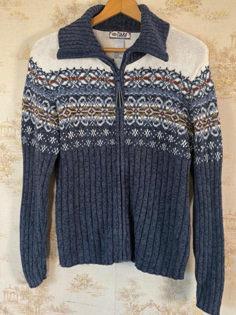 Vintage Y2K Tiara International Nordic Fair Isle Zip Up Cardigan Sweater M